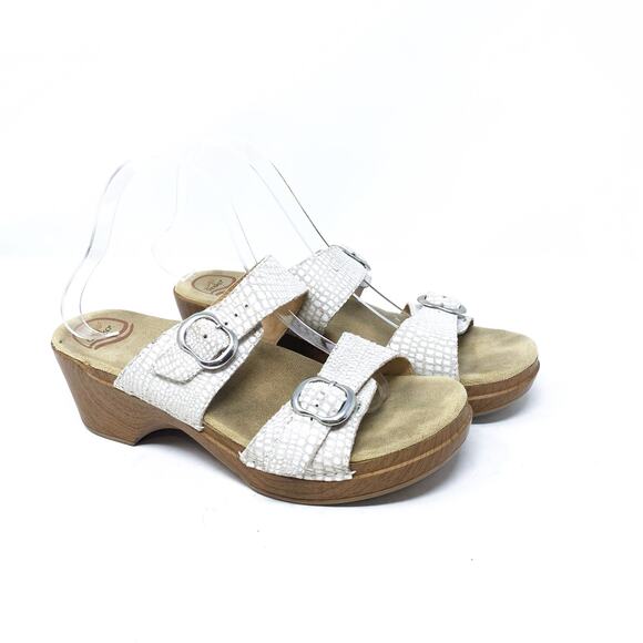 Dansko Sophie White Leather Distressed Reptile Print 41 Double Strap Mule sandal - Picture 1 of 8